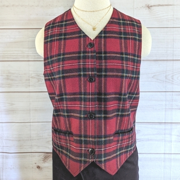 Vintage Eddie Bauer Tartan Tie Back Wool Vest in Red and Green Plaid Size Small - Picture 4 of 10